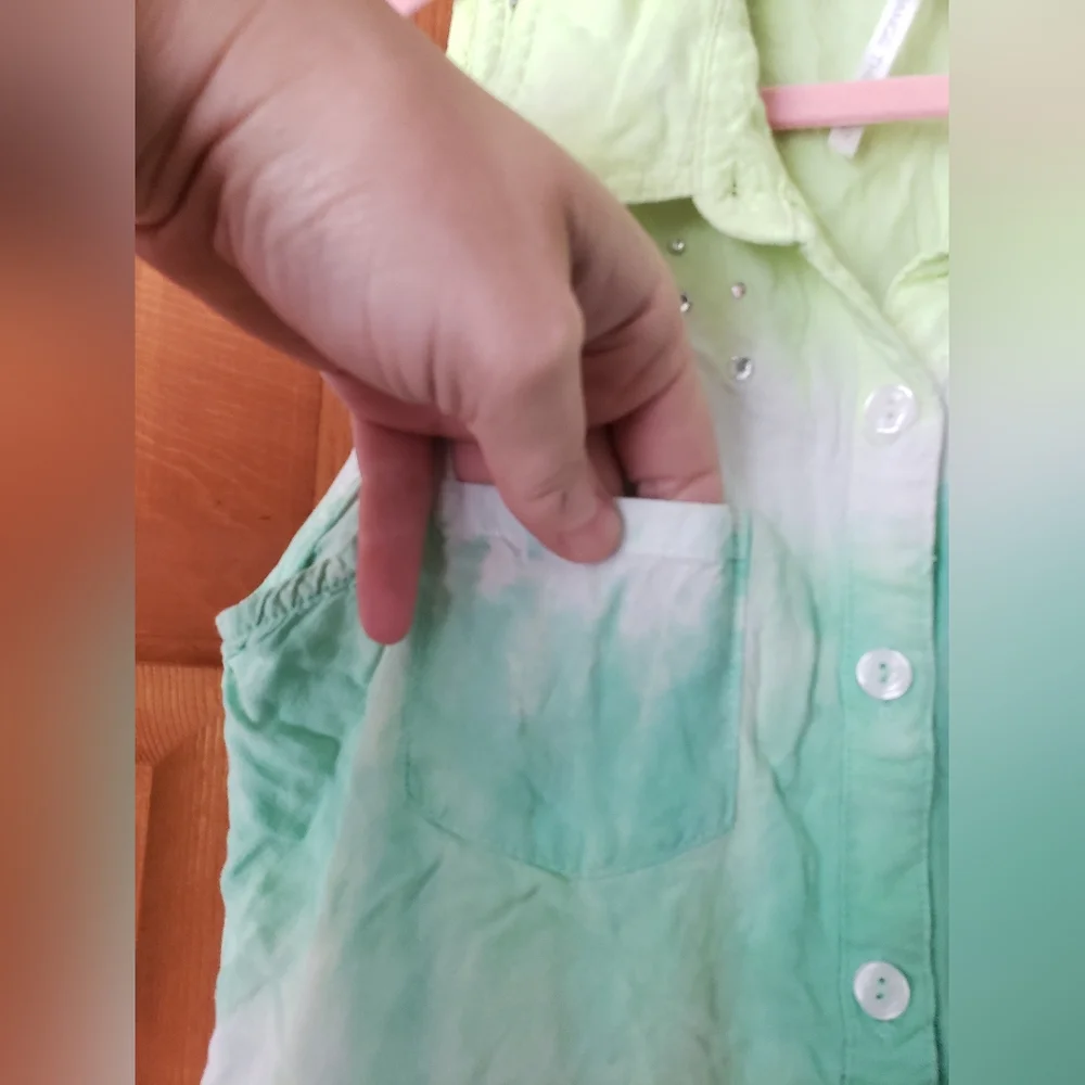 Justice Sleeveless Ombre Tie Dye Button-Up Shirt - Green, White, Blue 10